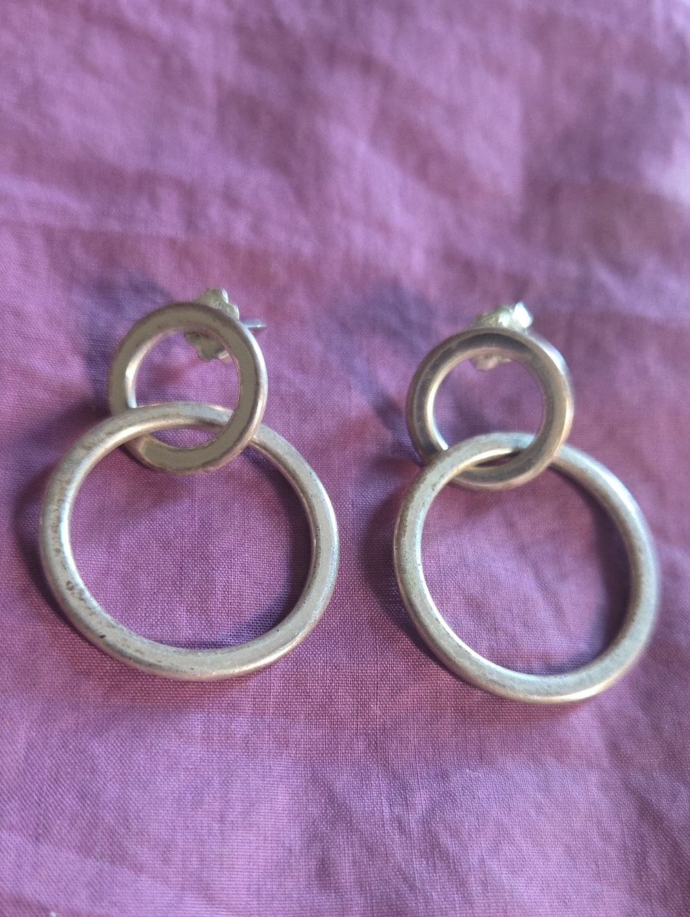 Vintage Silver Double Hoop 1.5" Drop Post Earrings